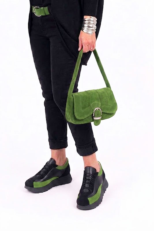 Dress sneakers in matt black, satin black and grass green leather with thick rubber soles and round toe - Worn view